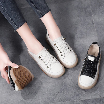 Genuine Leather Women Soft Sole Walking Shoes Girl Student Jogging Sneaker White Black Flats Female Casual Skate Trainers Summer