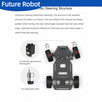 5KG Load Assembled Metal Ackerman Robot Car Chassis with Dual Encoder Motor Front Wheel Servo Steering ROS Programmable Robot