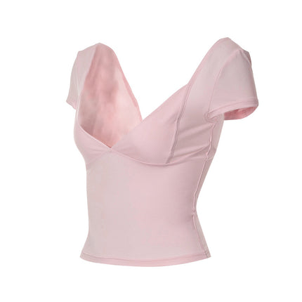 Lamuusaa y2k Tops Women Summer Clothes Sweet Solid Color V Neck Short Sleeve T Shirts Tanks 2000s Aesthetic Tees Streetwear
