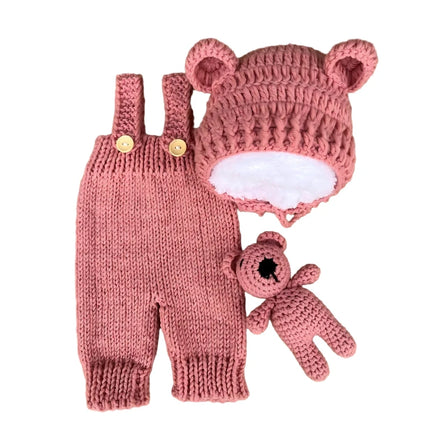 3pcs/sets Newborn Cute Bear Photography Clothing Hand-woven Romper Pants Hat Dolls Decor Props Baby Photoshoot Outfits