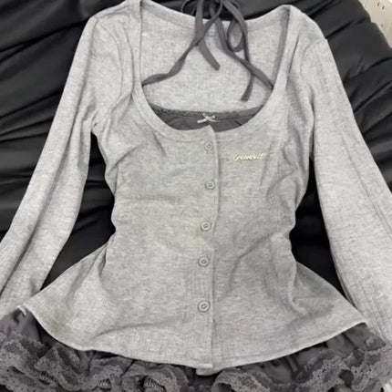 Autumn Korean Y2k Vintage Fake 2 Piece Set Women Elegant Long Sleeve Design Tops Harajuku Female Casual Lace 2000s Chic T-Shirt