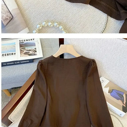 Elegant Long Sleeve Shirt Large Size Women's Early Autumn plus Size French Chic Square Collar Slimming Belly Covering Top
