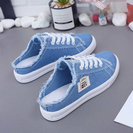 Womens Half Slipper Sneakers Comfortable Women Casual Shoe Lace-up Women Flat Shoes Breathable Canvas Shoes Anti-slip Zapatillas