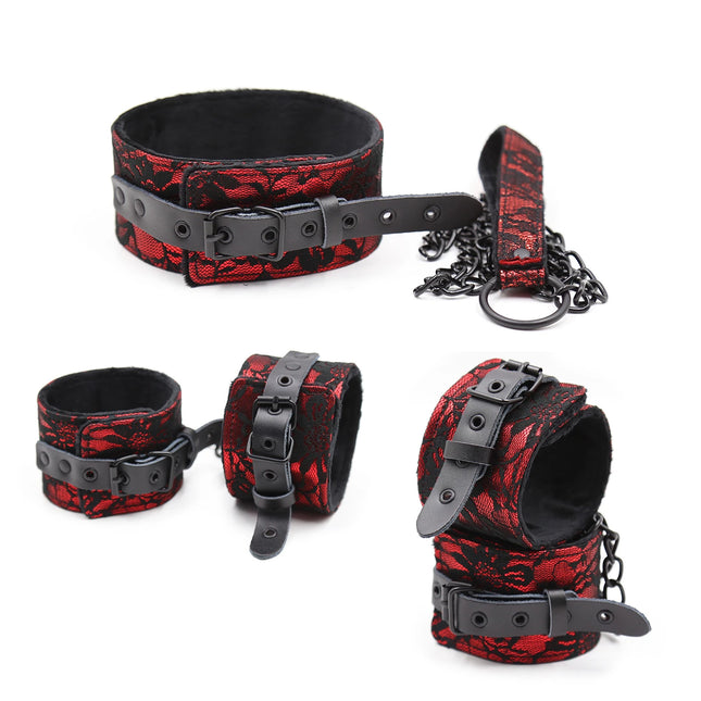 Thierry Lace Plush Leather Bondage Set Handcuffs Wrist Ankle Cuffs Neck Collar Sex Toys Adult Games Restraints BDSM for Women