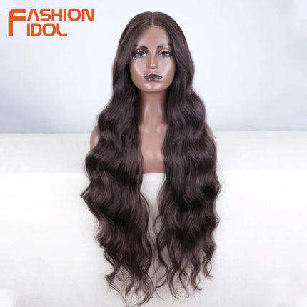FASHION IDOL 36inch/90cm Body Wavy Lace Wigs Synthetic High Temperature Fiber Ombre Blonde Natural Hair Lace Front Wigs Cosplay