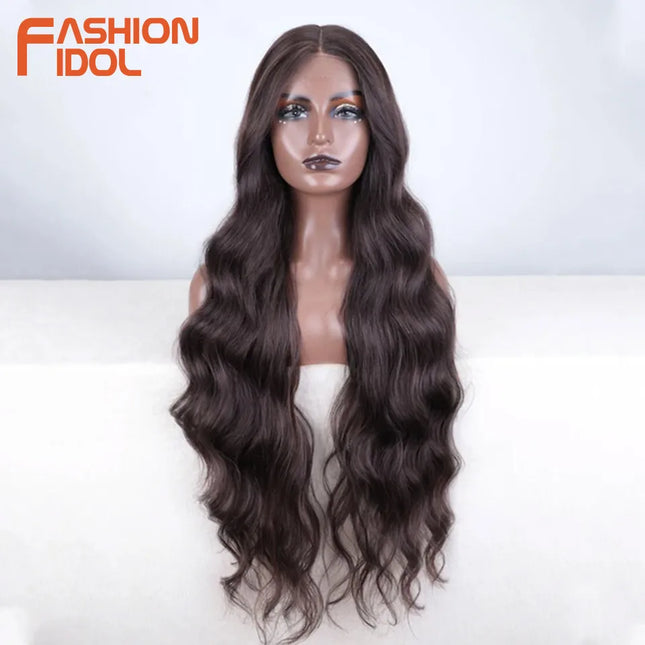FASHION IDOL 36inch/90cm Body Wavy Lace Wigs Synthetic High Temperature Fiber Ombre Blonde Natural Hair Lace Front Wigs Cosplay