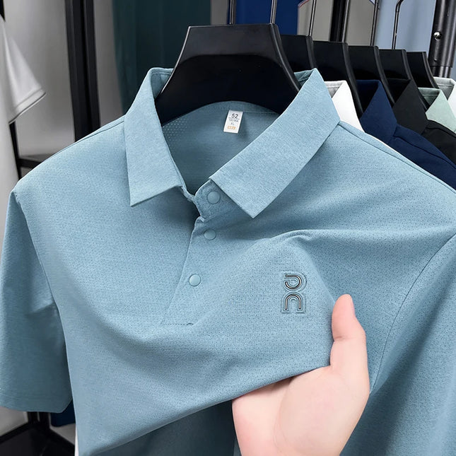 High Quality Man Spring New Short-Sleeved Polo Shirt Letter Print Lapel Button Hot Polo Shirt Business Casual Ice Silk Men'sWear