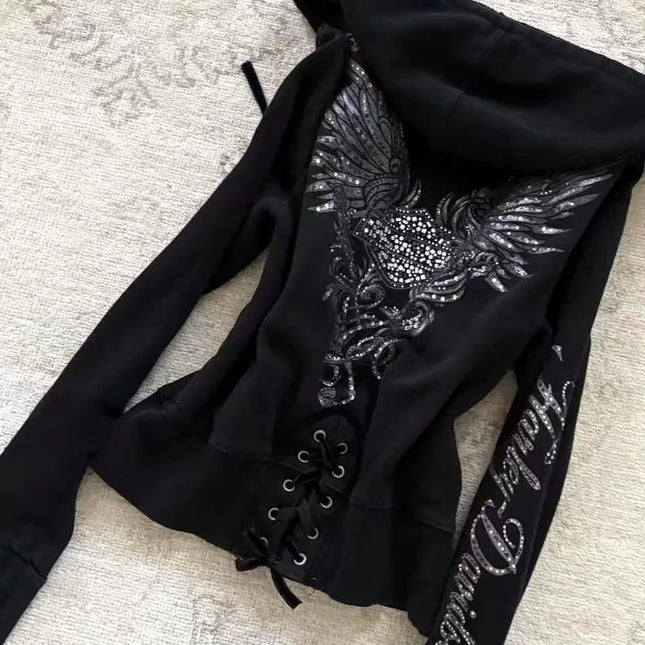Women Rhinestone Eagle Wing Embellished Zip Up Hoodie Gothic Trend Rhinestone Embellished Jacket Y2K Street Retro Fashion Hoodie