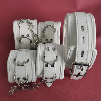 PU Leather Soft Padded White Handcuffs Ankle Cuffs Wrist Bondage Restraints Neck Collar BDSM Bondage Slave Erotic Adult Sex Toys