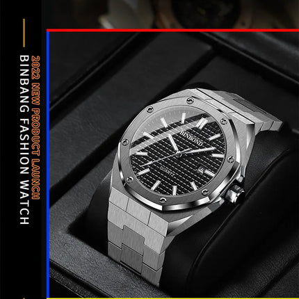 BINBOND Men's Watch Top Brand Royal Casual Men Big Dial Silver Stainless Steel Calendar Quartz Wristwatch Classic Luminous B0233