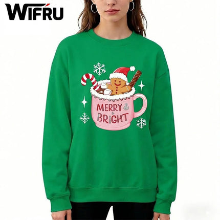 Funny Christmas Gingerbread Mug Print Sweatshirt Women's Round Neck Pullover New Autumn And Winter Party Casual Women's Clothing