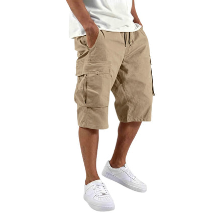 2026 Summer men loose straight pants Casual multi-pocket Shorts pure color fashion Men Shorts drawstring daily cargo short pants