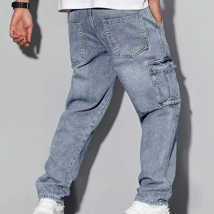 Men's American Retro Casual Cargo Jeans, Loose Fit, Solid Color, Fashion Essential