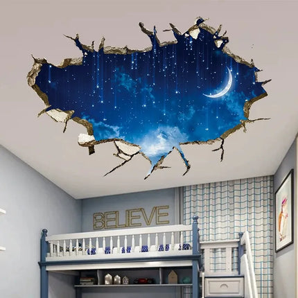 3D Wall Hole Art Star Sky Mural Meteor Crescent Moon Vinyl Stickers Home Decoration for Aesthetic Room Roof Night View Wallpaper