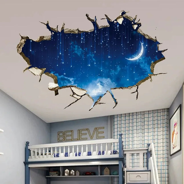 3D Wall Hole Art Star Sky Mural Meteor Crescent Moon Vinyl Stickers Home Decoration for Aesthetic Room Roof Night View Wallpaper