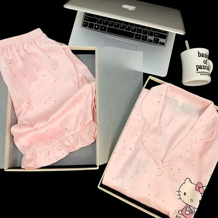 Kawaii Hello Kitty Pajamas Set Sanrio Anime Summer Women Pink polka dots Sleepwear Shorts Cartoon Soft Comfortable Home Clothing