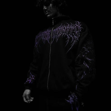 Men's Gothic Streetwear Zip-Up Hoodie Black Edgy Urban Athletic Dark Style Casual Oversized Pullover Sweatshirt with Zipper