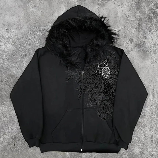 American Style Hip-Hop Style Y2K Autumn and Winter New Item Unisex Thick Print Warm Hoodie Jacket Zipper with Hat