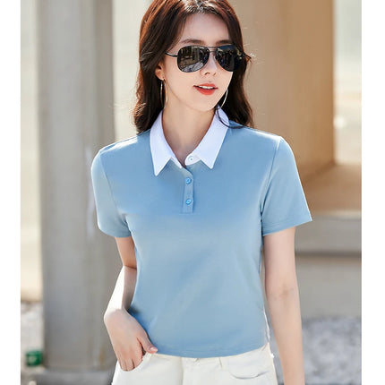 Summer New Cotton Polo Shirt Solid Color Polo Neck Short Sleeve High Waist Short Style Slim Fit Fashion Casual Women's Shirt