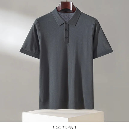 100% Lyocell men's T-shirt casual solid color knitted pullover short sleeved loose POLO collar Tees Pull on vest Tops