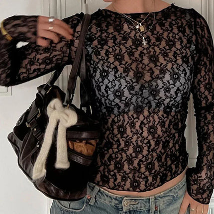 Long Sleeves See Through Lace Crop Top Solid Sexy Bodycon T-Shirt For Women Party Club Autumn Winter Clothes