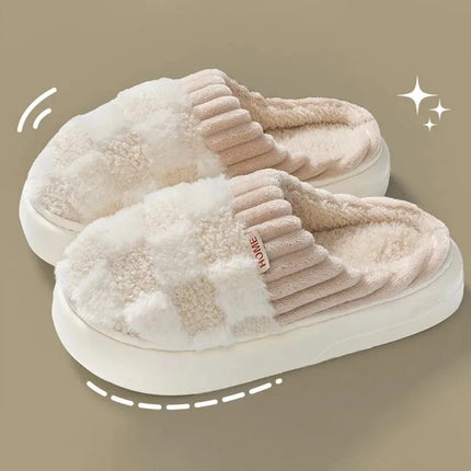 Fashion Couple Winter Toe Wrap Warm Plaid Plush Slippers Men Women Thick Soft Sole Slides Indoor Floor Flat Home Non-slip Shoes