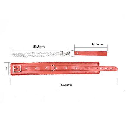 Faux Leather Plush Neck Choker Furry Collar with Metal Chain Drag Leash Lockable Harness BDSM Bondage Restraints  Sex Toys