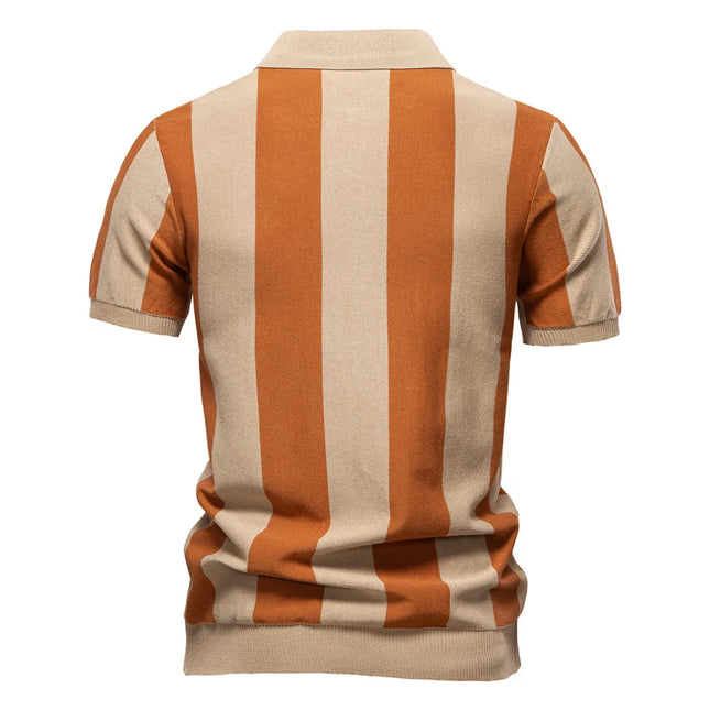 New Summer Lapel Short Sleeve Knitted Polo Shirt, European Size Men's Striped Polo, Trendy Men's Short Sleeve Top