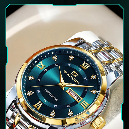 VA VA VOOM Luxury Watch Men Gold Blue Rhinestone Stainless Steel Business Style Original Quartz Movement Week Couple Men Watches