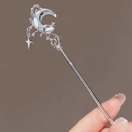 Romantic Moonstone Star Moon Hair Stick Metal Branch Hairpin Hair Fork Chinese Style Hair Accessories for Girls Hair Jewelry