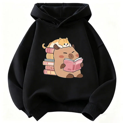 Cute Cat with Capybara Reading Book Hoodies Children's Sweatshirt Hoody for Boys Girls Spring  Casual Hoodie