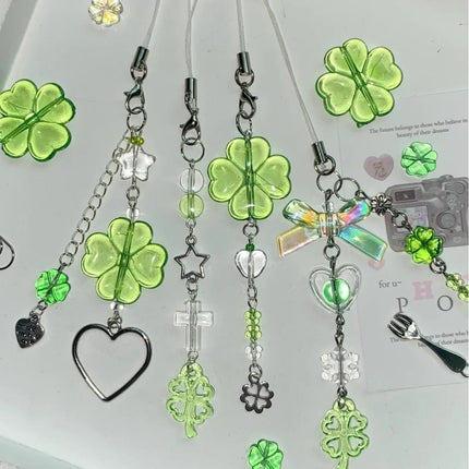 Y2K Lucky Four Leaves Clover Heart Key Ring Green Leaf Star Key Chain Cases for Phone Camera Korean Cute Beaded Couple Keychain