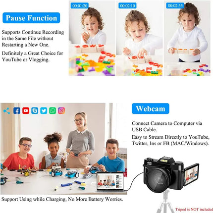4K HD Professional Digital Camera Camcorder WIFI Webcam Wide Angle 16X Digital Zoom 48MP Photography 3 Inch Flip Screen Recorder