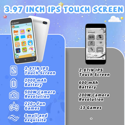 Kids Toys Smart Phone With 3.97" Touchscreen Dual Cameras 220+ Games Toddler Cell Phones Learning Toys for Children Festive Gift