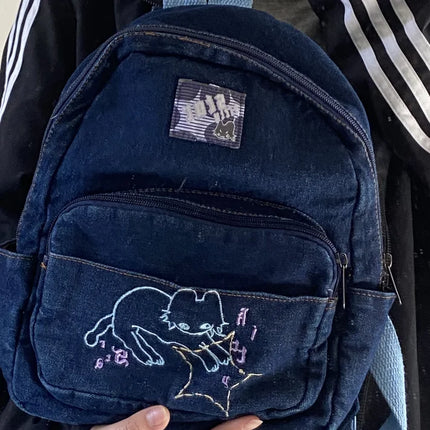 Japanese Simple Kawaii Cat Backpack Denim Handbag Shoulder Bags Small Mini Student Schoolbag Cute Women Backpack Woman Bags