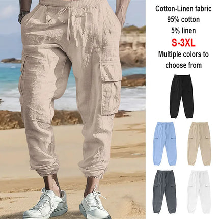 Men's Cotton Linen Blend Cargo Jogger Pants, Elastic Waist Drawstring Trousers with Side Pockets for Summer Casual Daily Outdoor