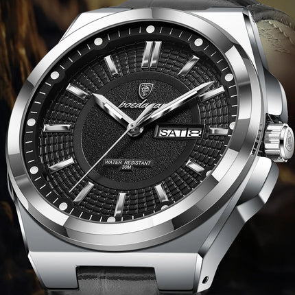 POEDAGAR Trendy Sport Men's Wristwatch Waterproof Luminous Date Week Business Fashion Men's Quartz Watches Leather Men's Watch Reloj