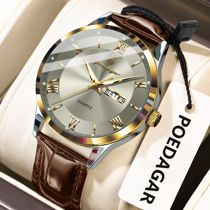 POEDAGAR Classic Luxury Men's Wristwatch Date Week Leather Business Man Watch Waterproof Luminous Fashion Quartz Watches For Men
