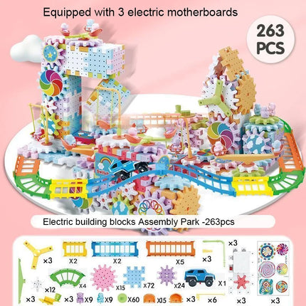 Electric Gear Building Toy Set Motorized Spinning Gears Set Gear Rail Car Big Building Blocks STEM Construction Toy Set