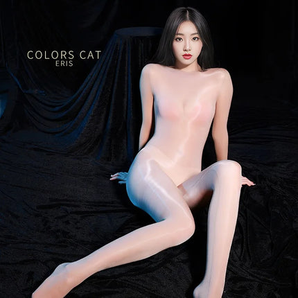 8D Full Body Stockings Unisex Oil Shiny Smooth Silky Bodysuits Women Men Long Sleeve Jumpsuit Erotic Lingerie Transparent Tights