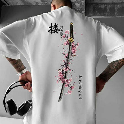 Summer Men's Japanese Samurai Sword Cherry Blossom Print T-Shirt 100% Cotton Round Neck Short Sleeve Breathable Loose Casual