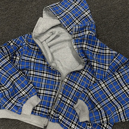 Winter Casual Plaid Print Hoodie Women's Warm Zip-Up Double-Sided Wear Sweatshirt Female Fashion Trendy Loose Hooded