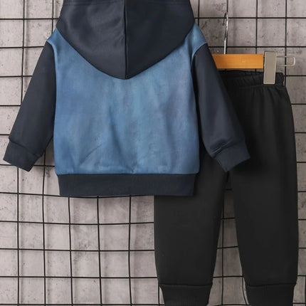 Toddler Boy's Spring and Autumn Outfit: Denim Printed Hoodie + Black Cuffed Pants, Trendy Fake Two-Piece Set for Boys