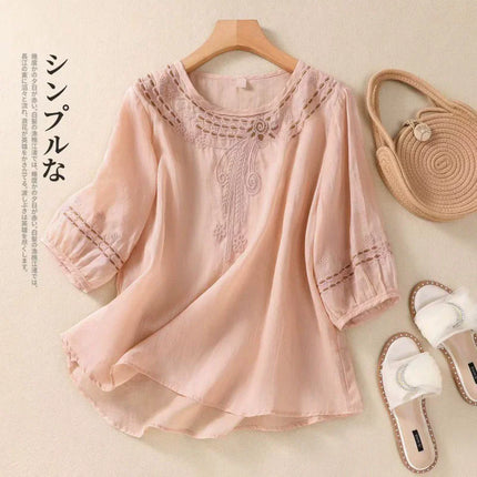 Fashion Thin Cotton Linen Y2k Tops Tee Women Clothing Summer Loose T Shirts Woman Embroidered T-shirt Blusa Casual Ladies tshirt