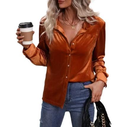 Plus Size 1XL-5XL Women Autumn Fashion Top Blouse Velvet Long Sleeve Solid Elegant Shirt Button Pocket Womens Long Sleeves