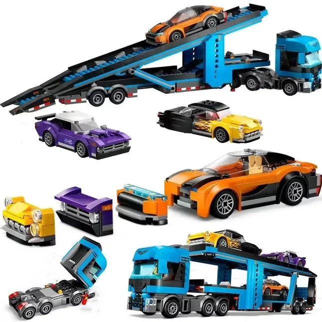 998PCS City Series Car Transporter Building Blocks, Double-Decker Truck Trailer with Sports Cars, MOC Vehicle Toy for Boys Kids,