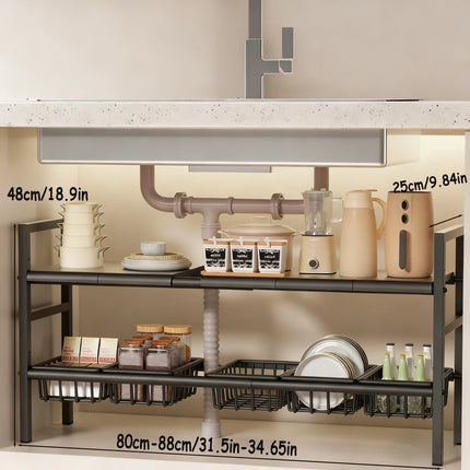 Under-Sink Kitchen Storage Rack/Shelf, Extendable, Single/Double Layer Storage Solution, Made of Steel, Perfect for Kitchen Use, Ideal for Laundry Rooms, under the Sink, Maximizes Space, Easily Stores Various Bottles and Spic