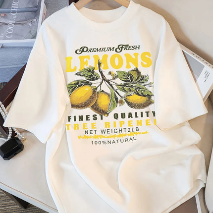 Lemons Fruits Premium Fresh Printing T Shirt Woman Loose Cotton Sportswear O-Neck Casual T Shirts Loose All-Match Short Sleeve