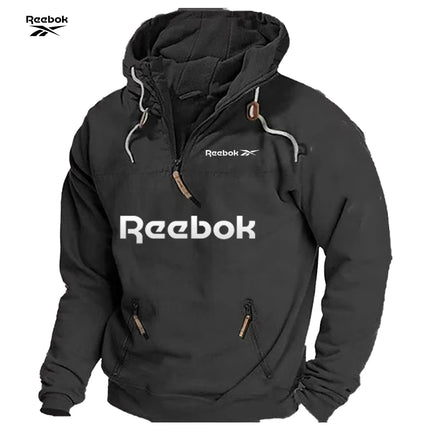 Reebok Men's Spring/Autumn Hooded Sweatshirt, Retro Sports Style, Loose Casual Top, Solid Color with Multiple Zippers Design