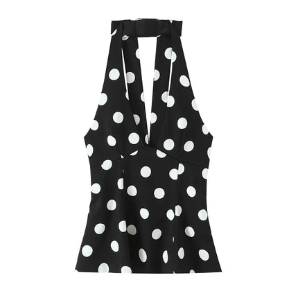 HH Summer Woman Black Polka Dot Backless Bow Decoration Halter Vest Tops Fashion Women Sleeveless Backless Sexy Tops